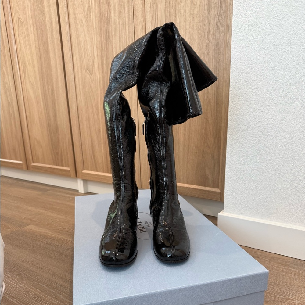 Prada Shiny Black Leather Knee-High Boots